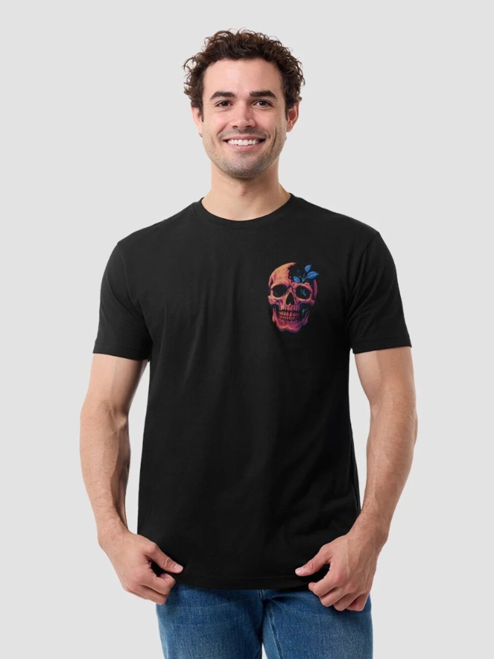 Black Split Skull Botanical Graphic Tee Small Front Large Back Print Shirt